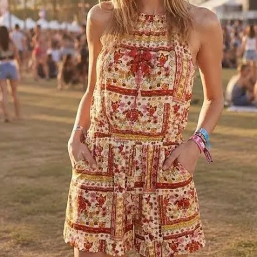 HM Coachella Boho Floral Halter Romper Red Yellow Paisley Festival Size 8